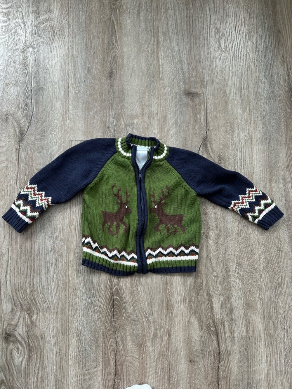 First Impressions Green and Navy Reindeer Zip Sweater